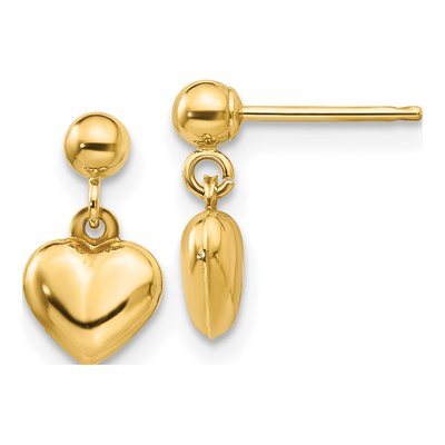 14K Yellow Gold Puffed Heart Dangle Earrings