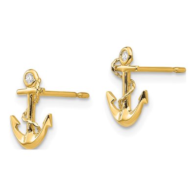 14K Yellow Gold CZ Girls' Anchor Stud Earrings – view 3