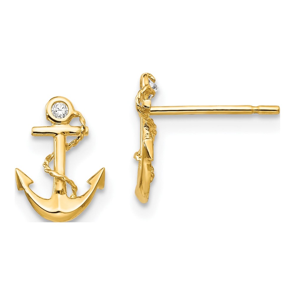 14K Yellow Gold CZ Girls' Anchor Stud Earrings