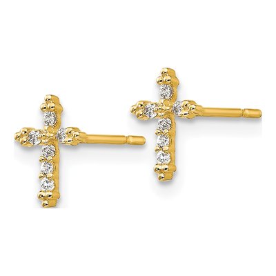14K Yellow Gold CZ Girls' Cross Stud Earrings – view 3