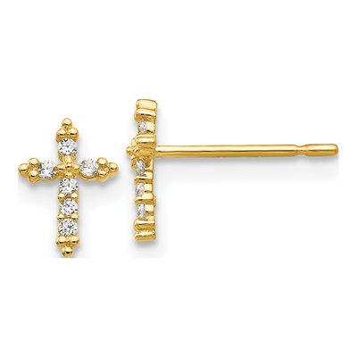 14K Yellow Gold CZ Girls' Cross Stud Earrings