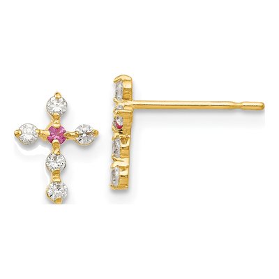 14K Yellow Gold CZ Cross for Girls Stud Earrings