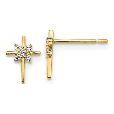 14K Yellow Gold CZ Cross for Girls Stud Earrings