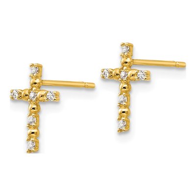 14K Yellow Gold CZ Girls' Cross Stud Earrings – view 3