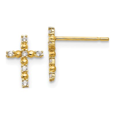 14K Yellow Gold CZ Girls' Cross Stud Earrings