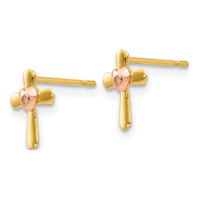 14K Two-Tone Gold Girls' Heart Cross Stud Earrings – view 3