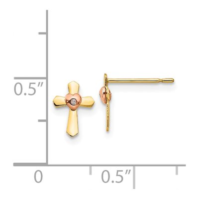 14K Two-Tone Gold Girls' Heart Cross Stud Earrings – view 5