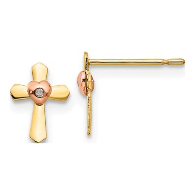 14K Two-Tone Gold Girls' Heart Cross Stud Earrings