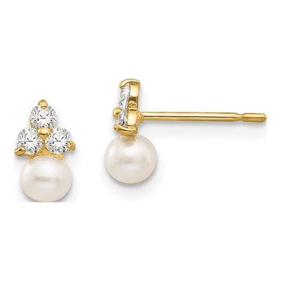 14K Yellow Gold Freshwater Cultured Pearl & CZ Girls' Button Stud Earrings