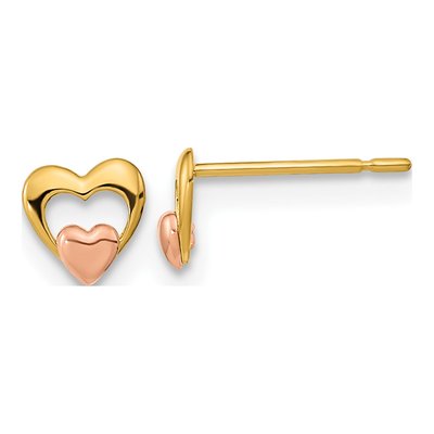 14K Two-Tone Gold Heart for Girls Stud Earrings