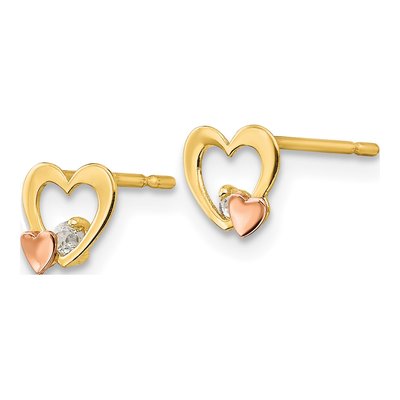 14K Two-Tone Gold CZ Girls' Heart Stud Earrings – view 3