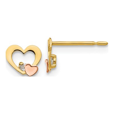 14K Two-Tone Gold CZ Girls' Heart Stud Earrings