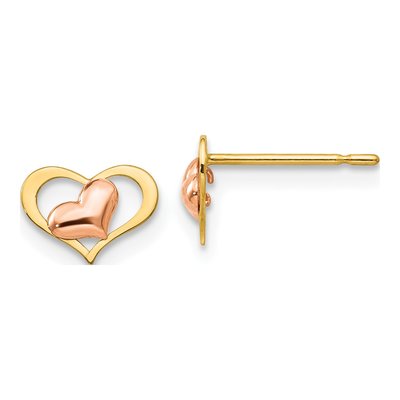 14K Two-Tone Gold Girls' Heart Stud Earrings