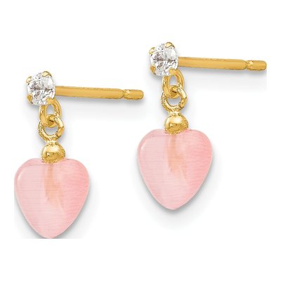 14K Yellow Gold CZ Girls' Cat's Eye Heart Dangle Earrings – view 2