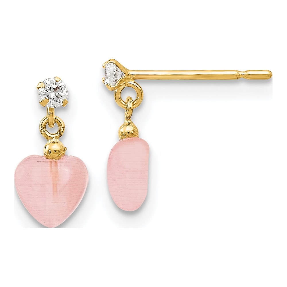 Girls' 14K Gold CZ & Pink Cat's Eye Heart Earrings