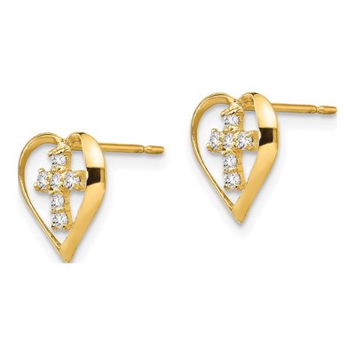14K Yellow Gold CZ Girls' Heart Cross Stud Earrings – view 3