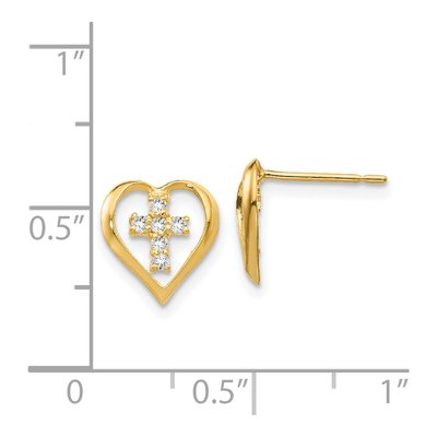 14K Yellow Gold CZ Girls' Heart Cross Stud Earrings – view 5