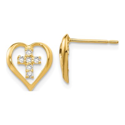 14K Yellow Gold CZ Girls' Heart Cross Stud Earrings