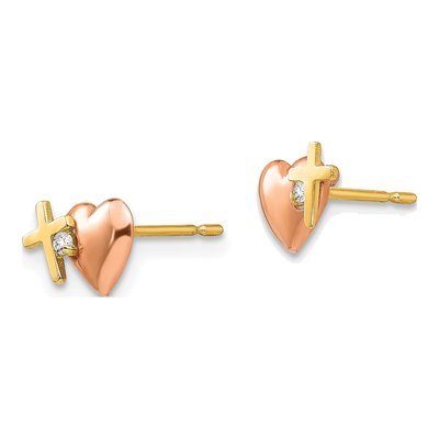 14K Two-Tone Gold CZ Girls' Heart Cross Stud Earrings – view 2