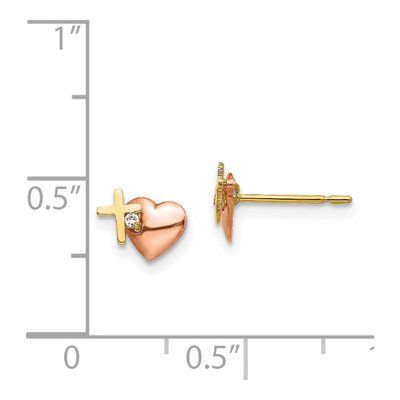 14K Two-Tone Gold CZ Girls' Heart Cross Stud Earrings – view 4