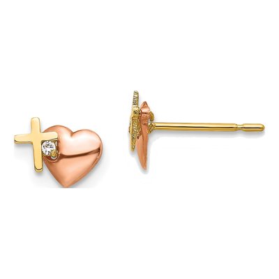 14K Two-Tone Gold CZ Girls' Heart Cross Stud Earrings