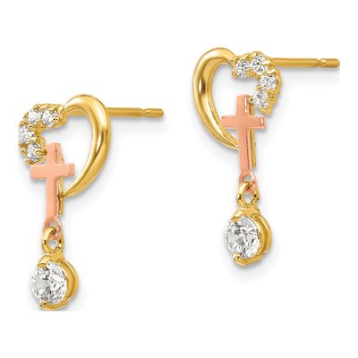 14K Two-Tone Gold CZ Girls' Cross Heart Dangle Earrings – view 3