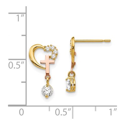 14K Two-Tone Gold CZ Girls' Cross Heart Dangle Earrings – view 5