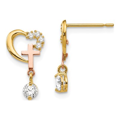 14K Two-Tone Gold CZ Girls' Cross Heart Dangle Earrings