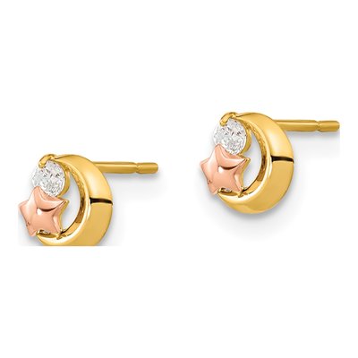 14K Two-Tone Gold CZ Girls' Moon Star Stud Earrings – view 3