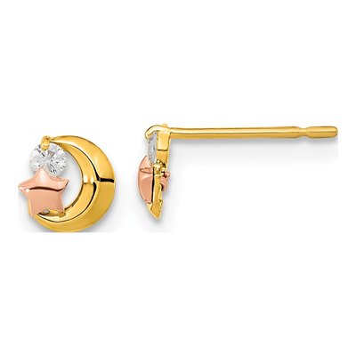 14K Two-Tone Gold CZ Girls' Moon Star Stud Earrings