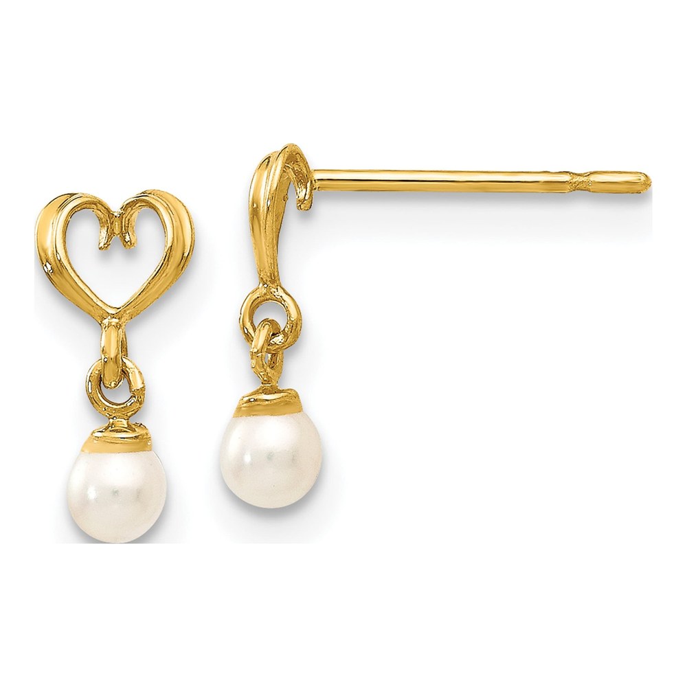 14K Gold Freshwater Pearl Heart Dangle Earrings