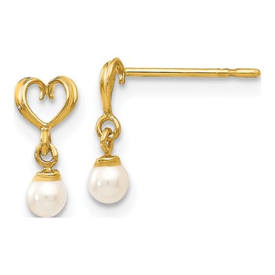 14K Yellow Gold Freshwater Cultured Pearl Heart Dangle Earrings