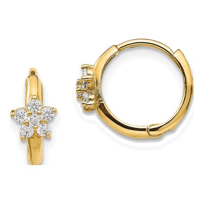 14K Yellow Gold 11mm CZ Girls' Flower Huggie Hoop Earrings