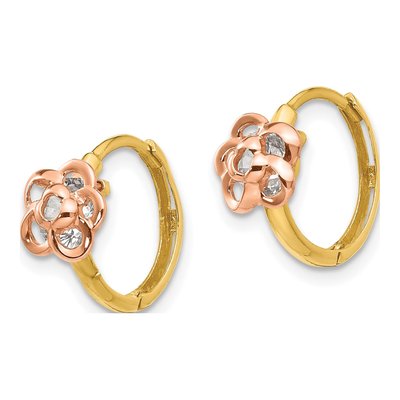 14K Two-Tone Gold 12mm CZ Kids' Flower Huggie Hoop Earrings – view 3