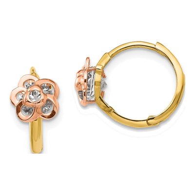 14K Two-Tone Gold 12mm CZ Kids' Flower Huggie Hoop Earrings