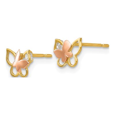 14K Two-Tone Gold CZ Girls' Butterfly Stud Earrings – view 3