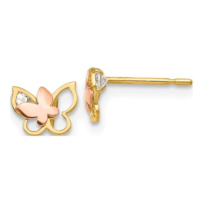 14K Two-Tone Gold CZ Girls' Butterfly Stud Earrings