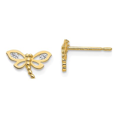 14K Yellow Gold CZ Dragonfly Girls' Stud Earrings