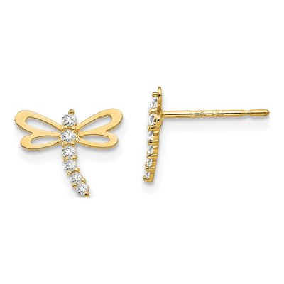 14K Yellow Gold CZ Girls' Dragonfly Stud Earrings