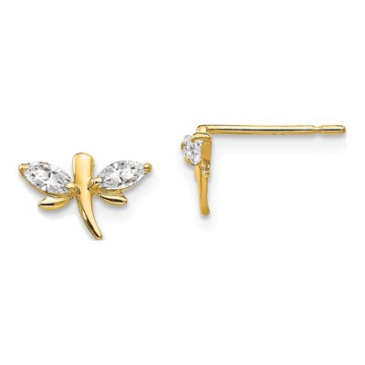 14K Yellow Gold CZ Dragonfly Kids Stud Earrings