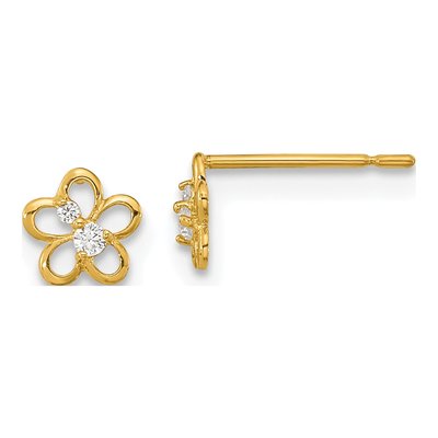 14K Yellow Gold CZ Flower for Girls Stud Earrings