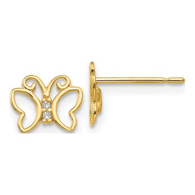 14K Yellow Gold CZ Girls' Butterfly Stud Earrings
