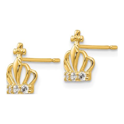 14K Yellow Gold CZ Crown for Girls Stud Earrings – view 2