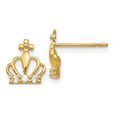 14K Yellow Gold CZ Crown for Girls Stud Earrings