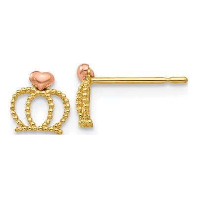 14K Two-Tone Gold Crown for Girls Stud Earrings