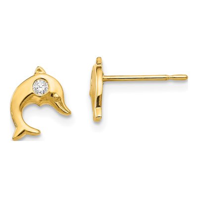 14K Yellow Gold CZ Girls' Dolphin Stud Earrings