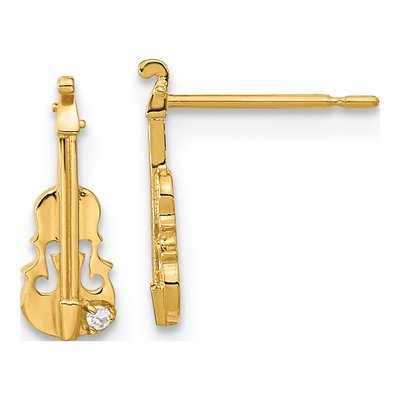 14K Yellow Gold CZ Violin for Girls Dangle Earrings
