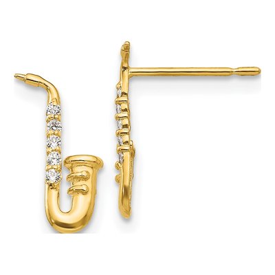 14K Yellow Gold CZ Girls' Saxophone Dangle Earrings