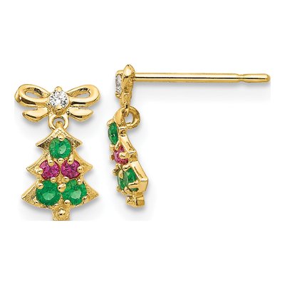 14K Yellow Gold CZ Christmas Tree Dangle Earrings