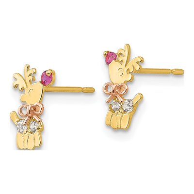 14K Two-Tone Gold CZ Girls' Reindeer Stud Earrings – view 3